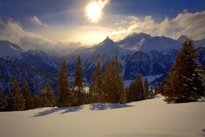 Scenic view of snow covered mountains against sky