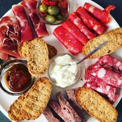 High angle view of breakfast on table