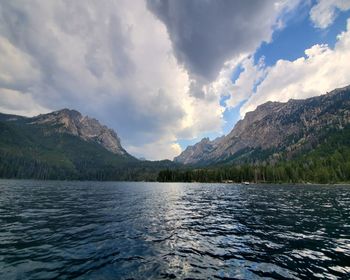 Scenic view of lake by mountains against sky