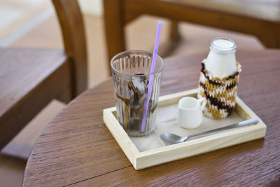 High angle view of drink on table