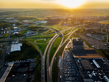 High angle view of road amidst buildings in city