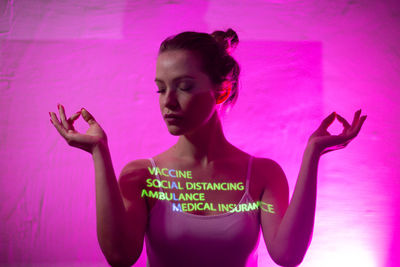 Portrait of young woman with text