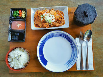 High angle view of breakfast on table