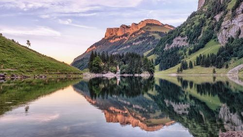 Scenic view of lake and mountains against sky