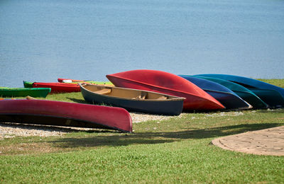 Group of colorful kayak by the lake