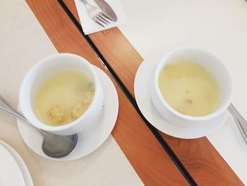 High angle view of tea served on table