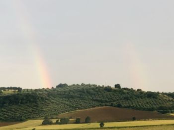 Scenic view of agricultural field against rainbow in sky