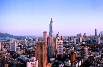 High angle view of cityscape against sky