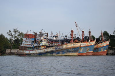 View of ship in sea against clear sky