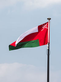 Low angle view of flag flags against sky