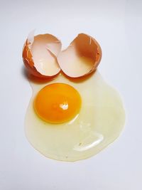 High angle view of egg and orange on white background