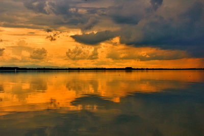 Scenic view of lake against sky during sunset