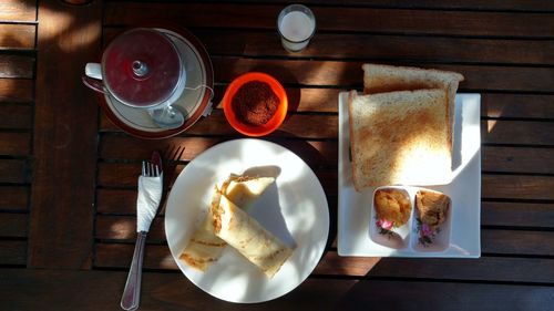 Directly above shot of breakfast served on table