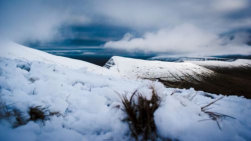 Snow covered landscape against sky