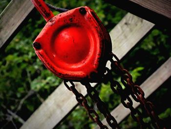 High angle view of red metal hanging on tree