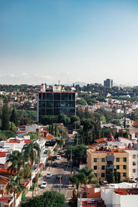 High angle view of townscape against clear sky