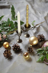 High angle view of christmas decoration on table