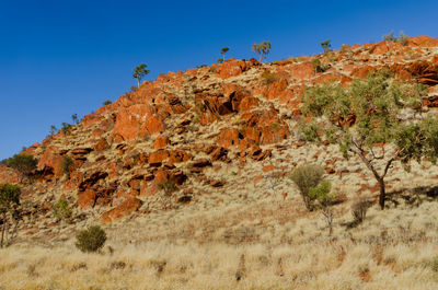 Scenic view of mountain against clear blue sky