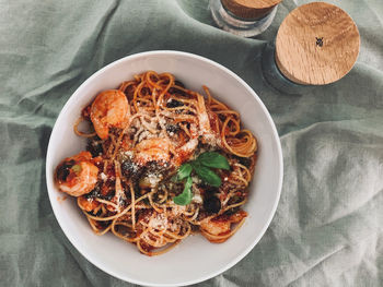 High angle view of meal served on table