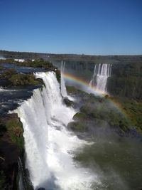 Scenic view of waterfall against sky