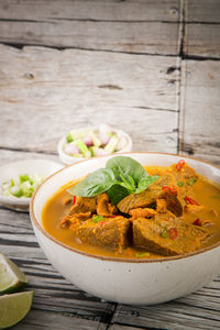 Close-up of soup in bowl on table