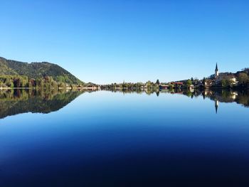 Scenic view of lake against clear blue sky