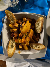 High angle view of food served on table