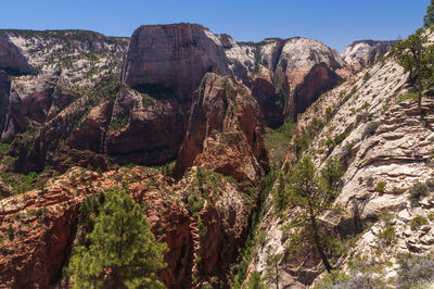 Rock formation amidst trees against sky