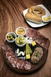 High angle view of food in plate on table