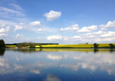 Scenic view of lake against cloudy sky