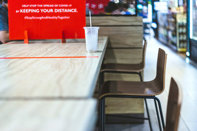 Close-up of empty chairs and table in cafe