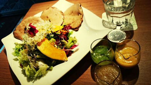 Close-up of food served on table