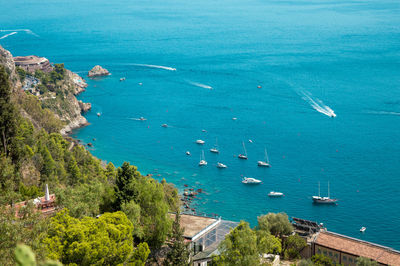 High view of turquoise mediterranean sea in taormina, sicily, italy during a summer day