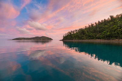 Scenic view of lake against sky at sunset