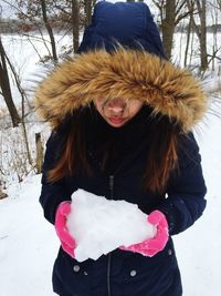 Woman standing on snow covered landscape