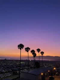 Silhouette palm trees by sea against sky during sunset