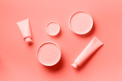 High angle view of pink eggs on table