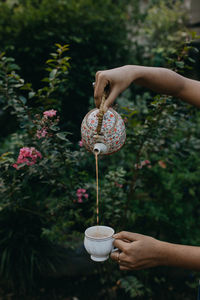 Midsection of woman holding ice cream cone against plants