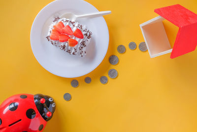 High angle view of dessert in plate on table