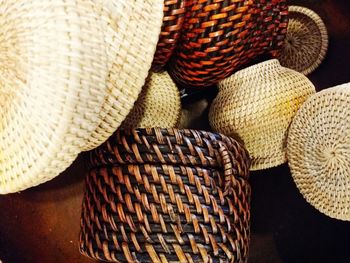 High angle view of whicker baskets on table