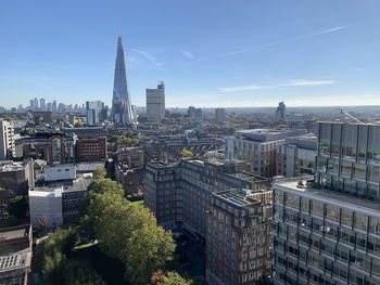 High angle view of buildings in city