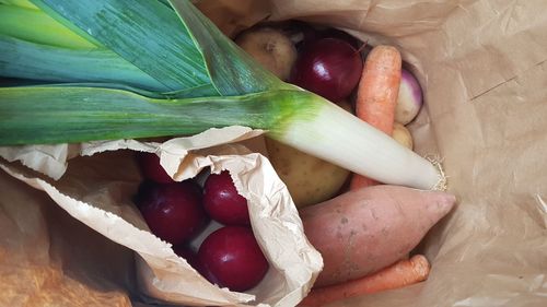 High angle view of strawberries in container