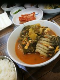 High angle view of soup in bowl on table