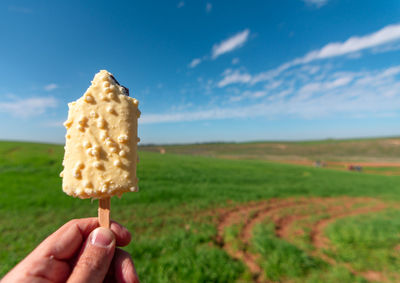 Midsection of person holding ice cream on field