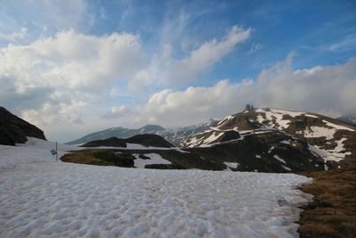 Scenic view of snowcapped mountains against sky