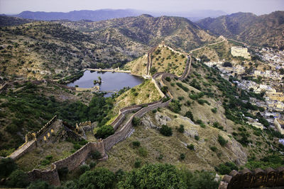 High angle view of road amidst mountains against sky in jaipur rajasthan 