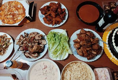 High angle view of meal served on table
