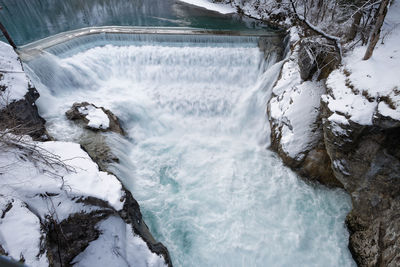 High angle view of waterfall in winter