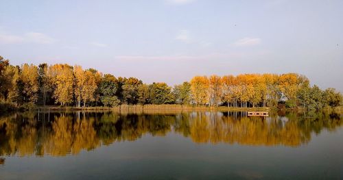 Scenic view of lake by trees against sky