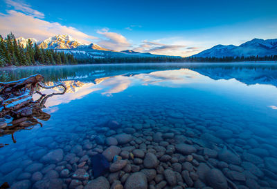 Scenic view of lake against blue sky